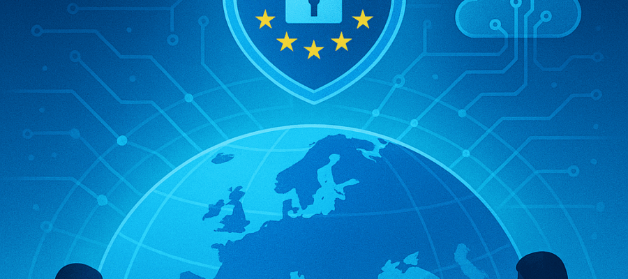 Vor einem stilisierten GLobus mit Europa im Vordergrund arbeiten Frauen und Männer an Computern, man sieht einen Server und diverse Datenleitungen, über allem eine Art Siegel in Blau mit einem Schloss und den Europasternen in Gold darum. Das Ganze Bild ist in Blautönen gehalten. Ein Symbolbild für Digitale Souveränität.
