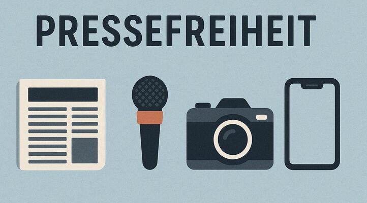 Pressefreiheit Auf hellblauem Untergrund steht in Sxhwarz groß das Wort „Pressefreiheit“. Darunter vier Symbole, links eine Tageszeitung, dann ein Mikrofon, daneben ein Fotoapparat und rechts ein Smartphone.