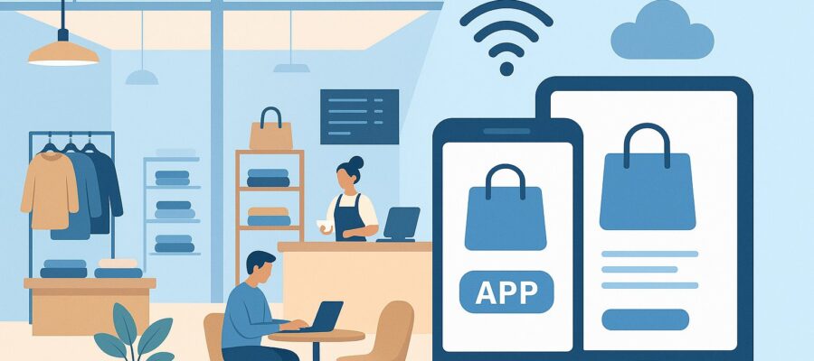 Stationärer Handel wird auf diesem Bild geteilt dargestellt. Links sieht man einen modernen Händler-Innenraum, mit Verkaufsregalen und einer Kaffee-Ecke. REchts Symbole für ein Handy mit App und ein Tablet.