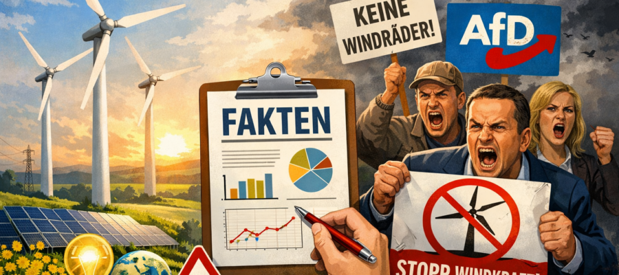 Das Bild zeigt im Hintergrund mehrere Windenergieanlagen auf einer Wiese, im Vordergrund rechts Menschen mit agressiv-protestierende Mimik und Gestik, unter anderem mit einem Schild "Stopp Windkraft" in der Hand. In der Mitte ein stilisiertes Klemmbrett mit der Überschrift "Fakten" und einer Grafik mit einer steigenden Kurve.